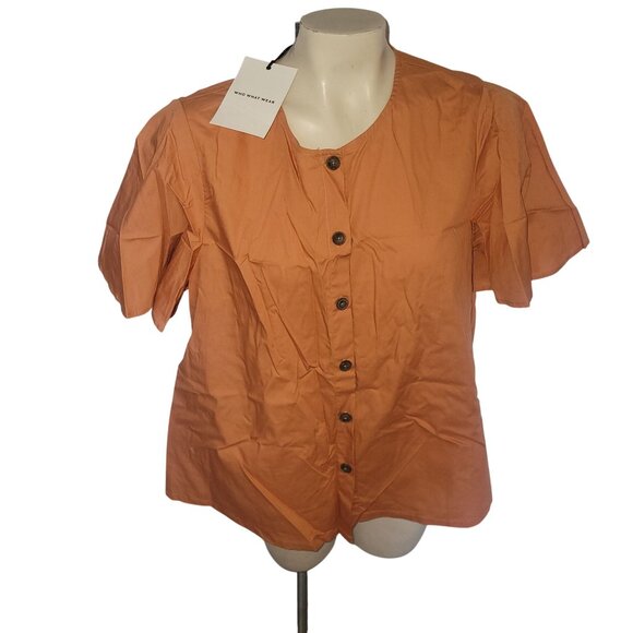 Who What Wear Womens Button-Down Short‎ Sleeve Blouse L Rust Orange 100% Cotton - Picture 2 of 8